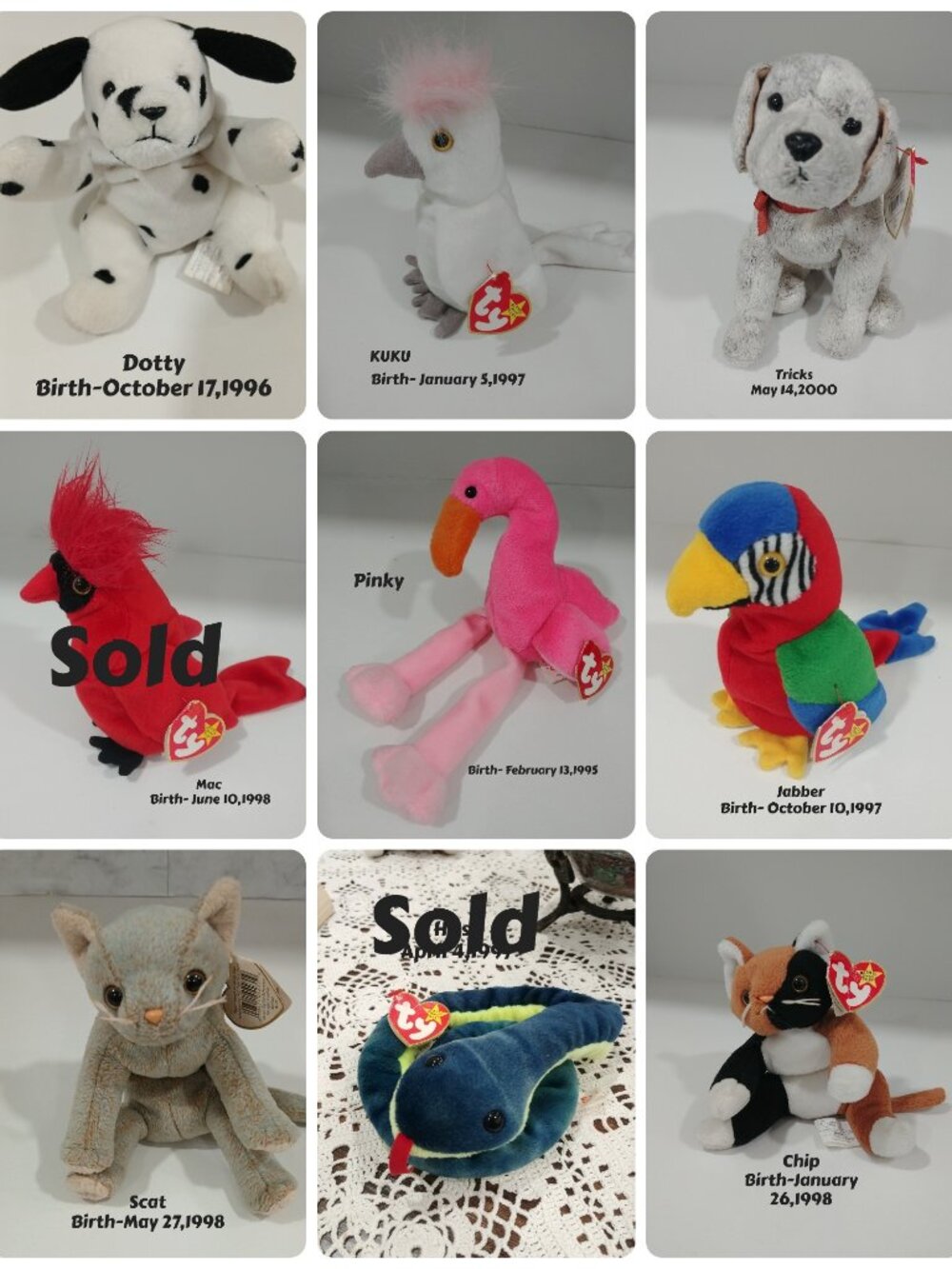 Selling Individual Ty Beanie Babies With Birth Tags, Like new, Select by Name